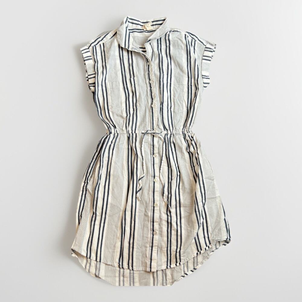 Japna Blue Wh Striped Button Down Shirt Dress Drawstring Waist Midi Womens Sz S